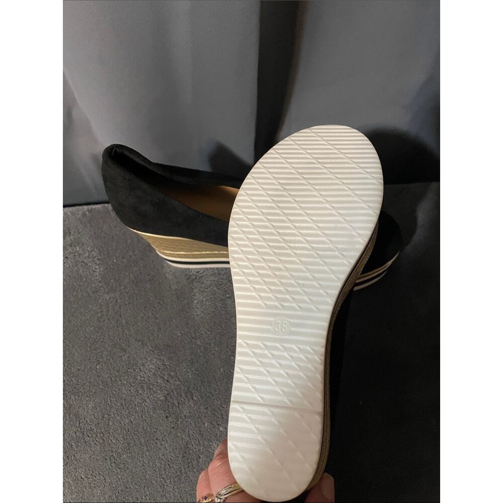 Black Suede Wedge Espadrille with Gold Platform Trim - Picture 3 of 4